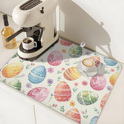 Easter Dish Drying Mat for Kitchen Counter Colorful Easter Eggs Floral Pattern Drying Mat 18x24 Inch Spring Holiday Absorbent Dish Drainer Mat Kitchen Accessories