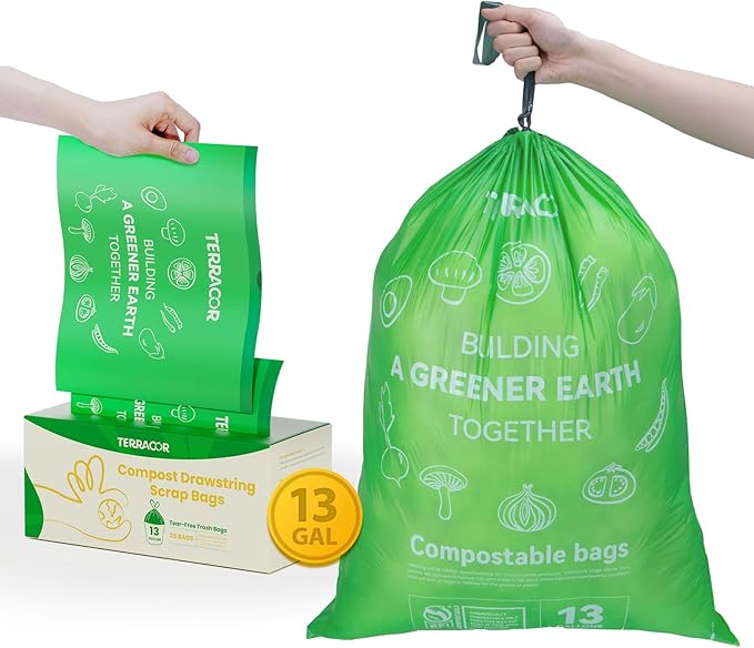 13 Gallon Compostable Trash Bags Drawstring, Heavy Duty Extra Thick 1 Mil, 35 Bags, Tall Kitchen Food Scrap Waste Bag, ASTM D6400
