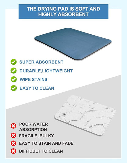 Dish Drying Mat for Kitchen Counter, 12"x19" Dish Drying Pad with Non-slip Rubber Backed, Hide Stain Anti Absorbent for Kitchen Counter, Drying Mat for Coffee Machine Dish Rack (Blue)