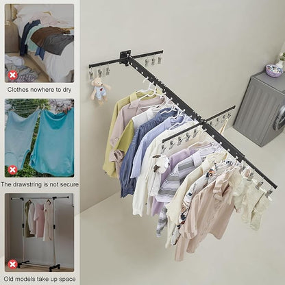 BESy Tri-Fold Foldable Clothes Drying Rack Retractable Hanging Collapsible Dryer Hanger Racks for Laundry Balcony Bathroom Space Saver Outdoor Indoor 20 Clips Aluminum Alloy Wall Mounted Matte Black
