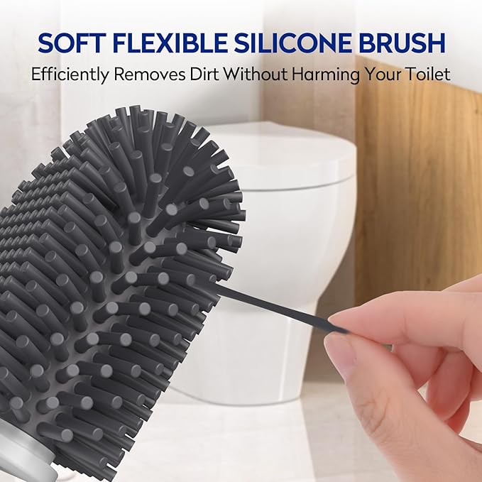 Toilet Bowl Cleaning Set - Silicone Brush with Holder, Deep Cleaning Scrubber - Light Gray