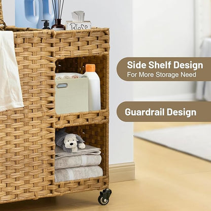 Laundry Hamper with Wheels, 42.3 Gal.(160 L) Laundry Sorter with Shelves, Rattan Clothes Hamper with 4 Removable Liners & 3 Mesh Bags, Handwoven Organizer for bedroom, bathroom, laundry room, Natural