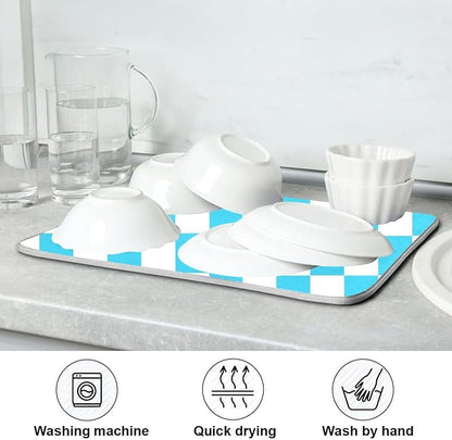 Turquoise Chessboard Dish Drying Mat for Kitchen Countertop 18x24 Teal Plaid Checkered Rectangle Large Drying Mat Reusable Quick Dry Dish Sink Absorbent Mats Easy Clean Decorative Home Essentials