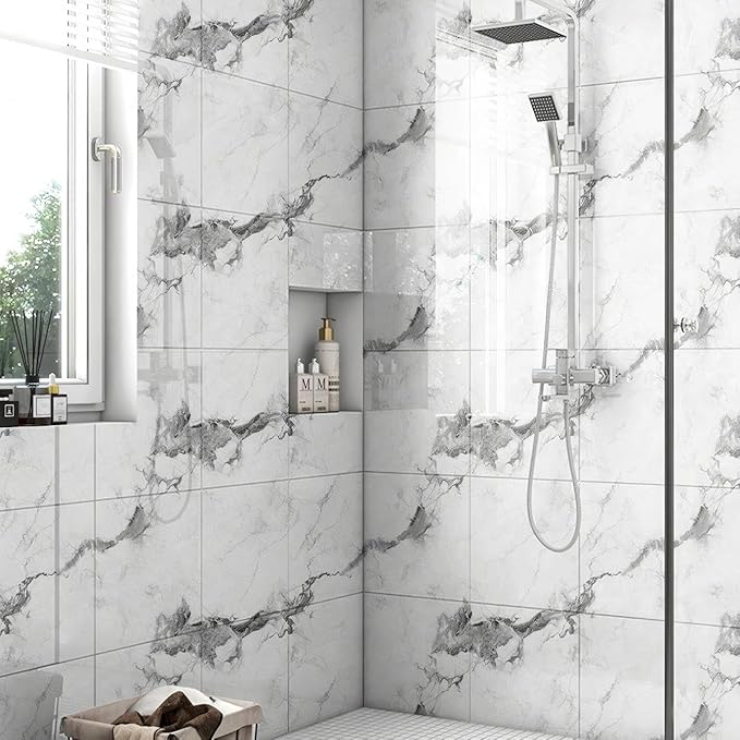 Chejiaye 22pcs Marble Peel and Stick Backsplash Waterproof Washroom Wall Panels, Peel and Stick Tile, PVC Foam Wall Panels for Kitchen,Bathroom,Living Room,White and Grey(Not Real Tile,11.8" x 11.8")