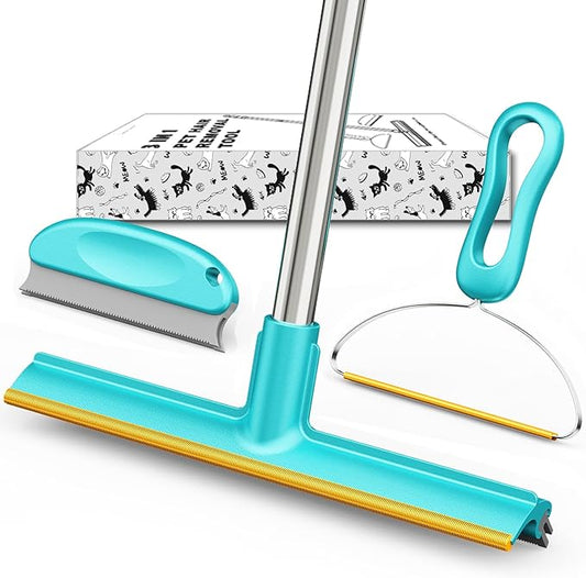 Carpet Rake for Pet Hair Removal (3 Pack), Dog Cat Fur Remover Rubber Broom, Stainless Steel Long Handle Lint Shaver Cleaner Tools, Scraper Brush for Carpet, Rug, Car Mat, Couch, Pet Bed