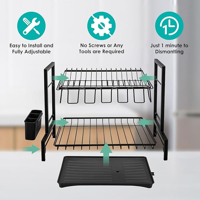 2-Tier Dish Drying Rack for Kitchen Counter, Dish Drainer Dish/Cup/Cutlery Holder Dish Drainer Rack 2 Tier Dish Racks with Utensils Holder, Drainboard & 360° Telescopic Drain Pipe (Black)