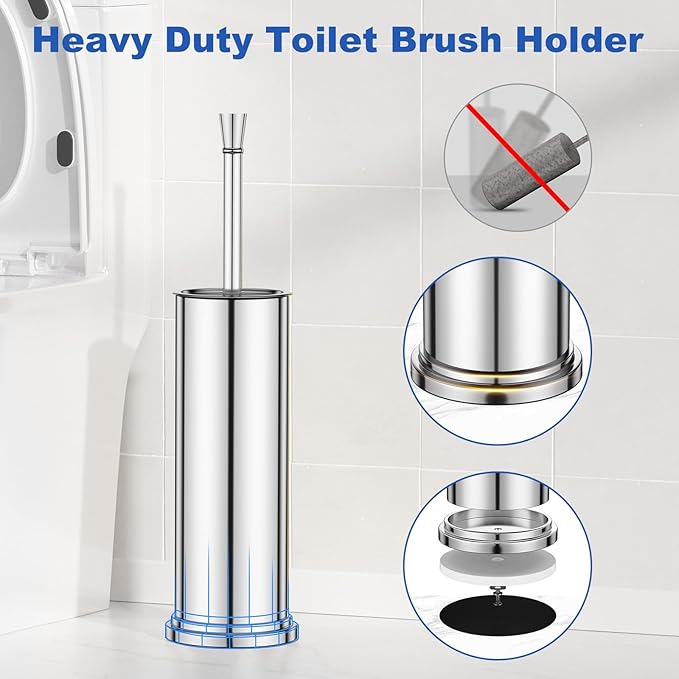 Toilet Brush and Holder Set：304 Stainless Steel Heavy Duty Toilet Bowl Brush，Removable Inner Bowl and Splash Protection，Bathroom Toilet Brush-Dense Bristles for Through Cleaning