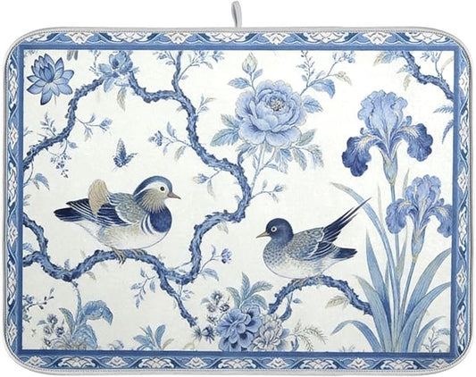 Absorbent Dish Drying Mat Microfiber Dish Drying Pad Reversible Drainer Mats for Countertop, Spring Cute Birds Kitchen Counter Decor, 16'' x18''