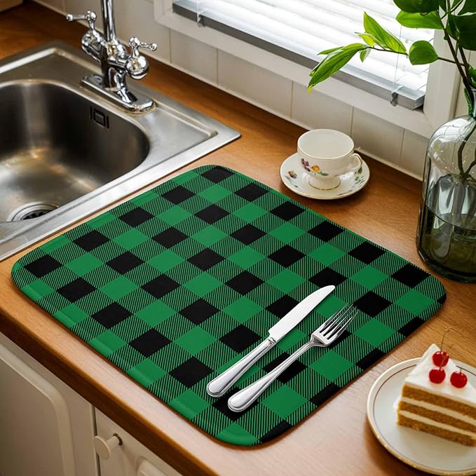 Dish Drying Mat Green Black Check Plaid Drying Mats for Kitchen Counter Farmhouse Style Absorbent Microfiber Dish Drainer Quick Drying Coffee Mat with Hanging Loop, 18 x24 inch