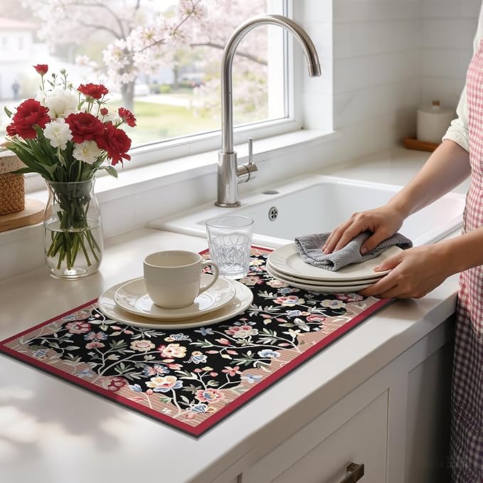 LOKHOM Floral Dish Drying Mat, 12"x20" Super Absorbent Non-slip Bordered Coffee Mat with Oil Painting Black Floral, Cuttable Hide Stain Drying Mat for Kitchen Counter Coffee Maker Espresso Machine