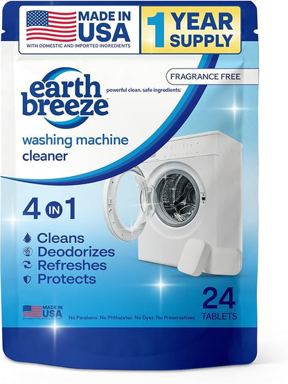Earth Breeze Washing Machine Cleaner Tablets - 1 Year Supply - Deep Cleans, Removes Odors, Residue & Buildup - Front Load, Top Load & HE Washers - Fragrance-Free - No Harsh Chemicals - Made in USA