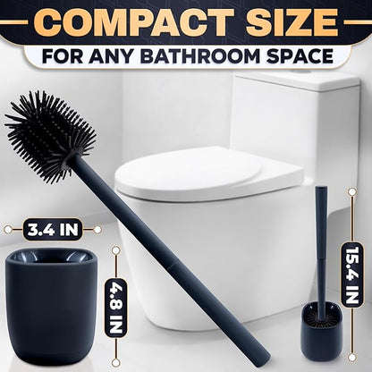 Toilet Brush and Holder Set - Silicone Toilet Bowl Brush with Black Holder Base, Compact Bath Accessory for Small Spaces - Easy to Place and Simple to Store After Use, Plastic Bathroom Cleaning Tool