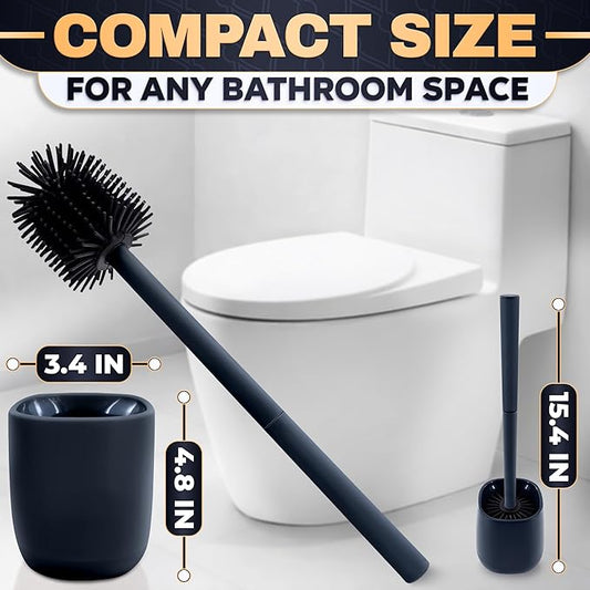 Toilet Brush and Holder Set - Silicone Toilet Bowl Brush with Black Holder Base, Compact Bath Accessory for Small Spaces - Easy to Place and Simple to Store After Use, Plastic Bathroom Cleaning Tool