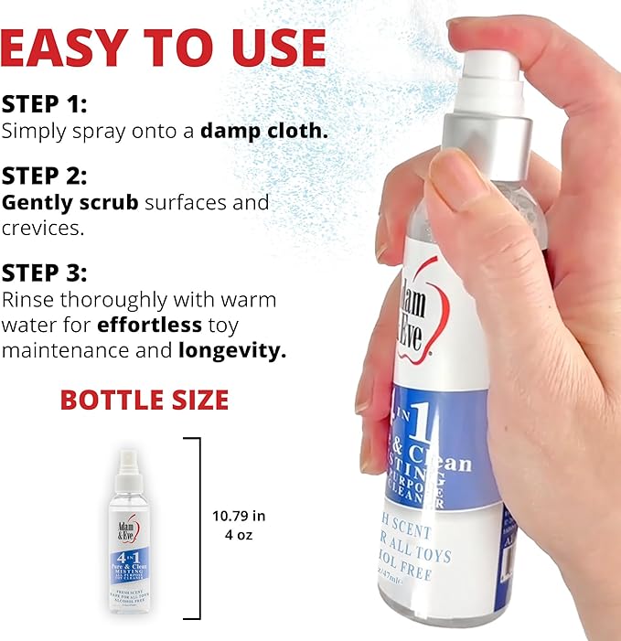 Adam & Eve Sex Toy Cleaner, 4 In 1 Pure And Clean Misting Spray, Fast Acting Misting Spray For Adult Toys, Vibrators, Dildos, Fresh Scent, Water Based Formula Perfect for Gifting, No Residue, 4 oz