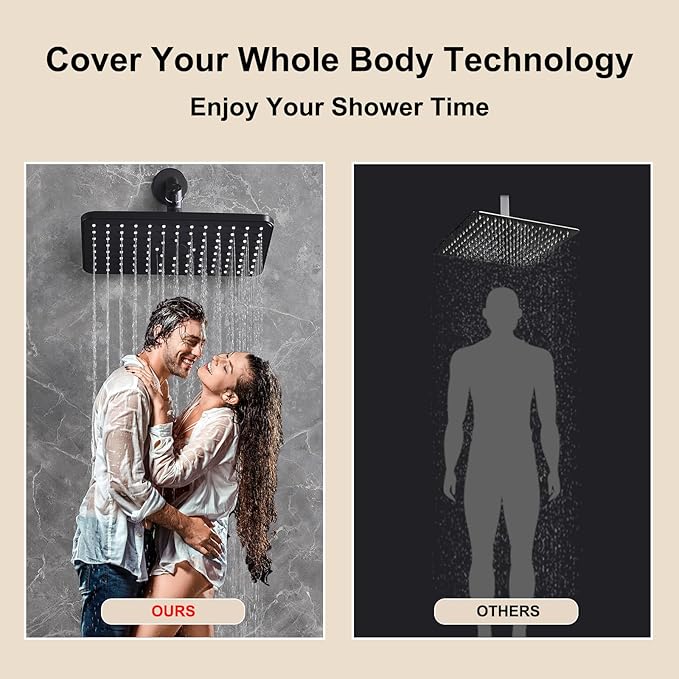 12 Inch Rain Shower Head High Pressure Dual Shower Heads Rainfall Showerhead with 9 Sprays Handheld Spray Combo & 70"Long Fixed Showerheads Hose, Matte Black Bathroom Accessories