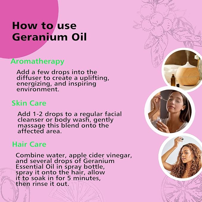 GM Gumili Geranium Essential Oil 1 Oz, 100% Pure Geranium Oil for Diffuser, Skin, Hair, Face, Soap & Candle Making, Aromatherapy & Massage