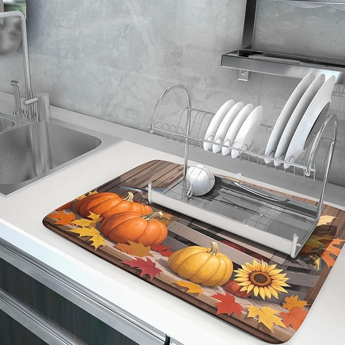 Fall Thanksgiving Dish Drying Mat for Kitchen Counter 18x24 Pumpkin Sunflower Bird Autumn Harvest Theme Absorbent Reversible Microfiber Drying Mats Kitchen Countertop Protector Dishes Drainer Pad