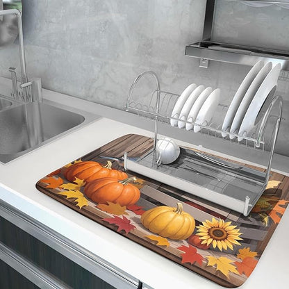 Fall Thanksgiving Dish Drying Mat for Kitchen Counter 18x24 Pumpkin Sunflower Bird Autumn Harvest Theme Absorbent Reversible Microfiber Drying Mats Kitchen Countertop Protector Dishes Drainer Pad