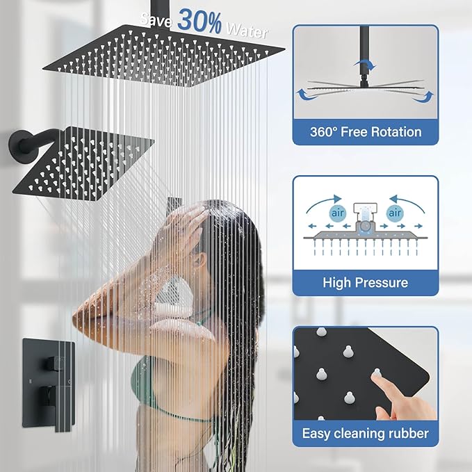 Shower Faucet Matte Black Shower System with 12" Celing+6" Wall Dual Rain Shower Head with Handheld Spray,Bathroom Luxury Brass Shower Valve with Shower Diverter Kit Shower Faucet Set Complete