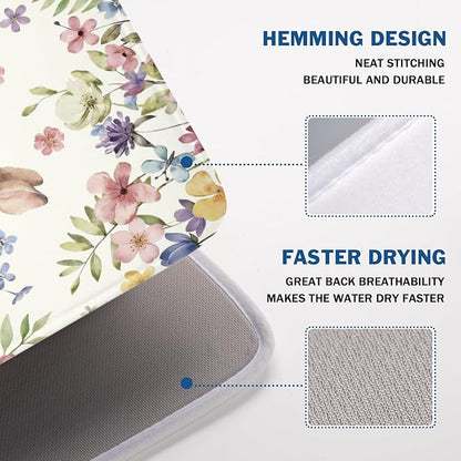 Easter Bunny Dish Drying Mat 18 x 24 Inch Rabbit Dish Drainer Rack Mat Colorful Floral Mat Absorbent Microfiber for Holiday Kitchen Coffee Dining Bar Decor