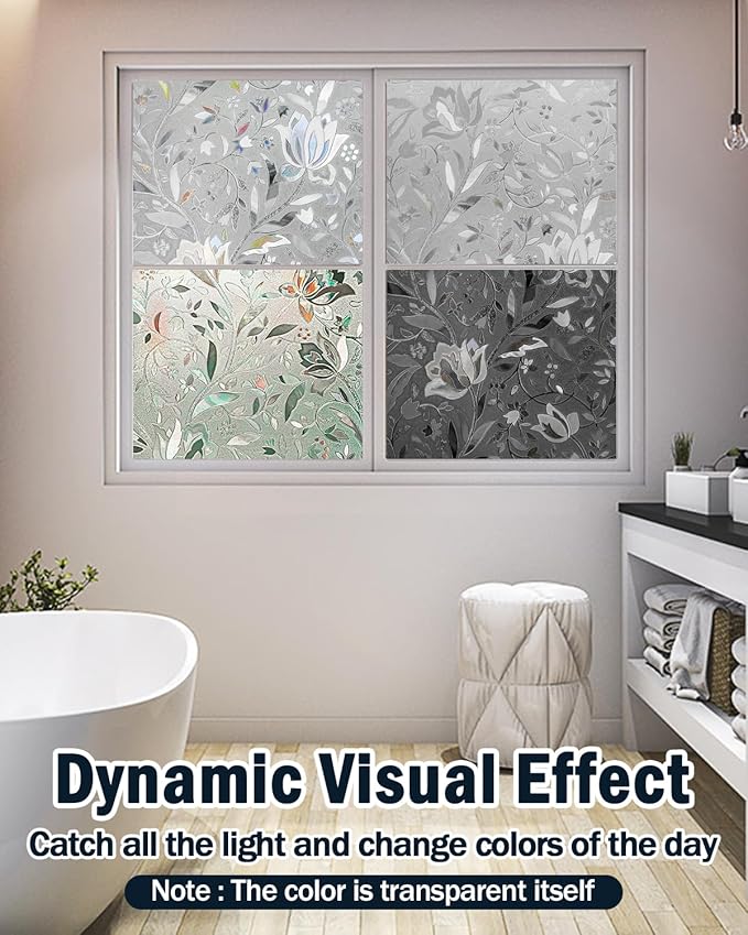 Frosted Tulip Patterned Window Privacy Film with Installation Tools, Stained Glass Decorative Film, Removable, Peep-Proof, Static Cling (17.5 x 157.5 Inch)