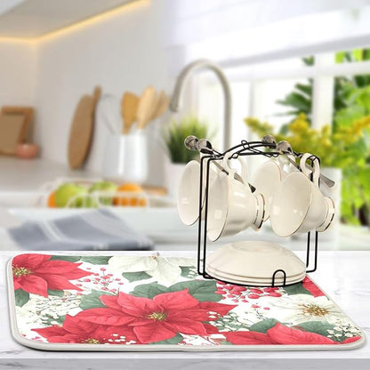 Red Poinsettias and Leaves Dish Drying Mat for Kitchen Counter Super Absorbent Drying Mat 18x24 inch Large Dish Drying Matts for Countertop Protector Dishes Pad