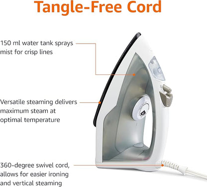 Amazon Basics 1200W 10” Steam Iron, With Non-Stick Teflon Soleplate, 5 Fl Oz Water Tank (150 ML), Auto Shut-Off, Anti-Drip, Anti-Calcification, Thermostat, 6.5Ft Cord, Gray