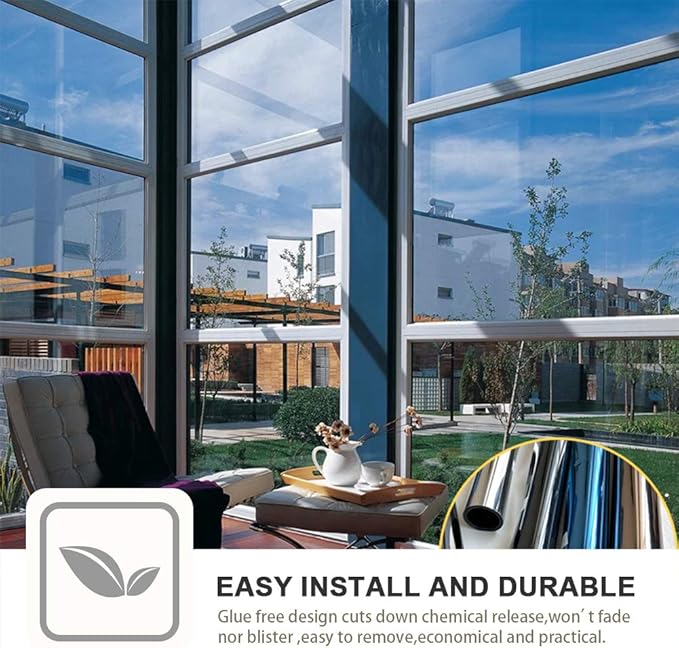 Filmgoo Window Privacy Film One Way Daytime Mirror Tint Treatments UV Heat Control Vinyl Stickers Sun Block Glass Paper Door Covering Reflective (Black Silver, 41.3 Inch x 15.7 Feet)