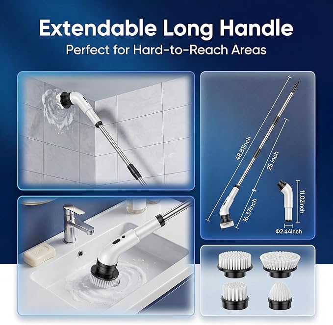 Electric Spin Scrubber, Cordless Power Scrubber for Bathroom/Shower/Tub/Tile & Grout, 7 Brush Heads, Dual-Speed, Adjustable Extension Handle, IPX7 Waterproof, USB-C Rechargeable Cleaning Tool (White)