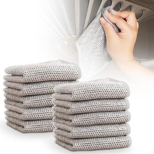 Multipurpose Wire Dishwashing Rags, New Silver Stainless Steel Dishwashing Cloth for Wet and Dry, Reusable Premium Metal Scrubbing Pads Sponge Clean Tool for Home Kitchen (10)