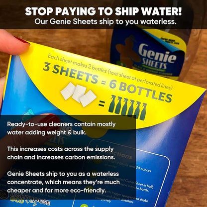 Genie Sheets Glass & Mirror Cleaner | Concentrate Makes 6 24oz Refills | Professional-Strength | Just Add Water | Sustainable Eco-Friendly Plant-Based Solution | 6 Sheets