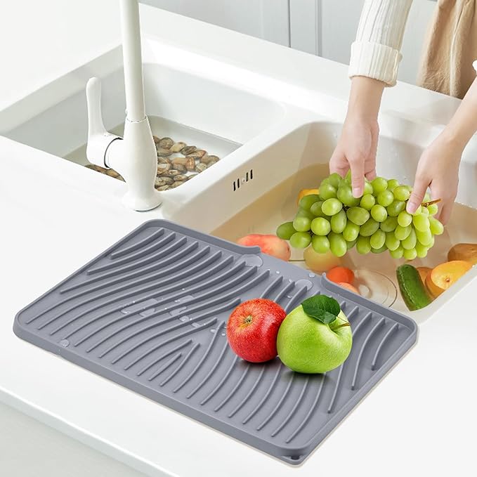 TIKNIK Silicone Dish Drying Mat, Stone Drying Mat for Kitchen Counter with Built-In Drain, Non-Slip Drain Pad with Built-in Drain, Heat Resistant Stone Drying Mat, Hangable, Grey-2pcs, 16" x 12"
