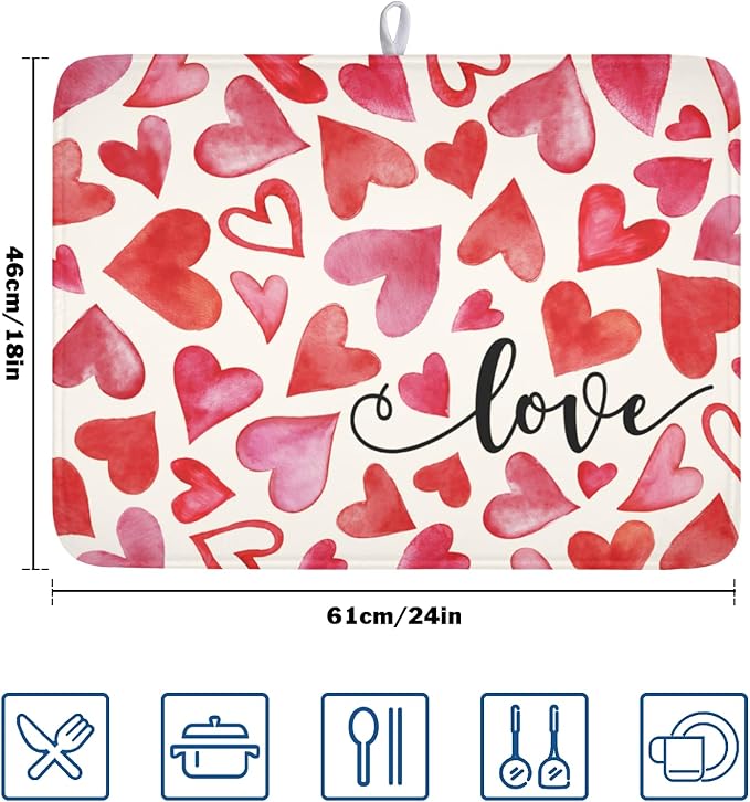 Valentine's Day Dish Drying Mat 18 x 24 Inch Heart Shaped Dish Drying Pad Absorbent Microfiber Mats for Red and Pink Dish Rack Pad for Kitchen Counter Coffee Bar Decor