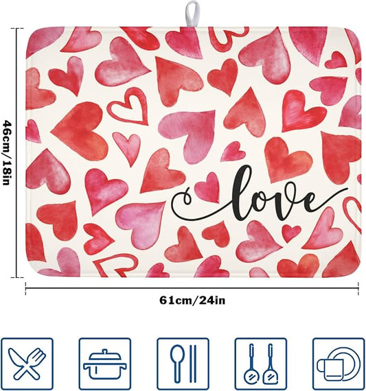 Valentine's Day Dish Drying Mat 18 x 24 Inch Heart Shaped Dish Drying Pad Absorbent Microfiber Mats for Red and Pink Dish Rack Pad for Kitchen Counter Coffee Bar Decor