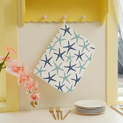 Coastal Dish Drying Mat 18x24 Inch Summer Navy Blue Teal Turquoise Starfish Summer Drying Mat Nautical Beach Ocean Absorbent Dish Drying Pad Dish Rack Drainer Mats for Kitchen Dining Counter