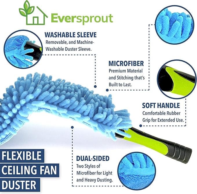 EVERSPROUT Flexible Microfiber Ceiling & Fan Duster (Pole Sold Separately) | Extra-Long 25'' Duster | Removable & Washable Sleeve | Bends to Clean Any Fan Blade | Twists onto Standard Threaded Poles