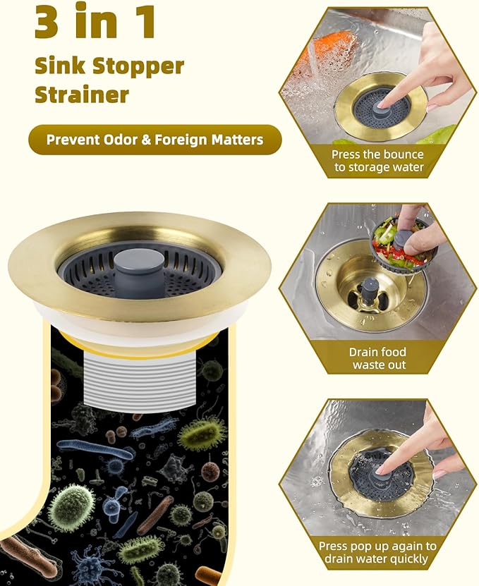 Hygie Rinse 3 in 1 Kitchen Sink Strainer, Pop Up Gold Sink Stopper Drainer with for US Standard 3-1/2 inch Drain Filter, Equiped with Additional 2pcs Strainers, Anti-Clog