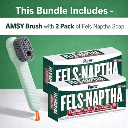 AMSY Stain Remover Cloths Laundry Bundle - Amsy Multifunctional Stain Remover Brush with Soap Dispenser Bundled with 2 Pack of Fels Naptha Laundry Soap 5 oz Each for Cloth Shoes Household Surfaces