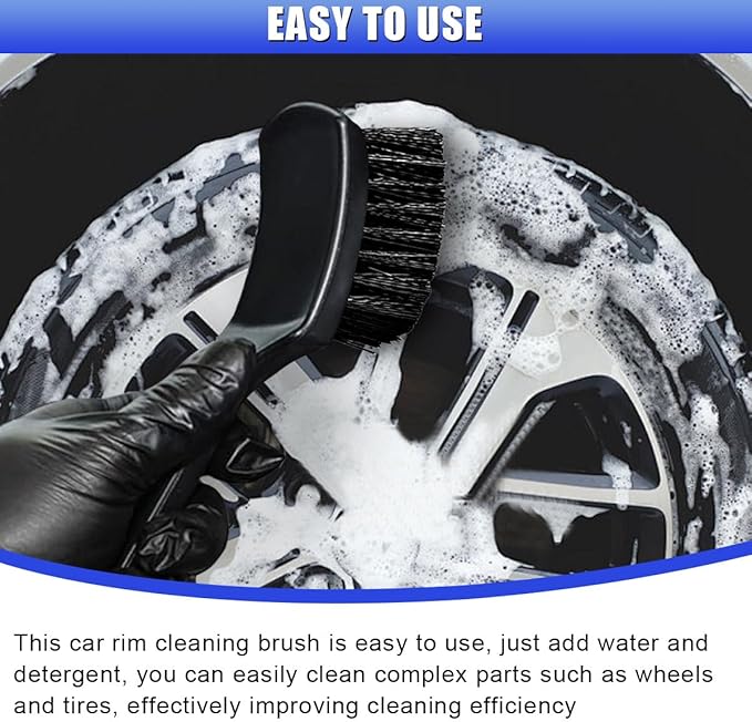 Car Wheel Brush, Stiff Bristle Short Handle Scrub Tire & Wheel Rim Brush, No-Scratch Carpet/Floor Mat Detailing Tool, Auto Interior and Exterior Cleaning Supply for Vehicle, Home (Black)