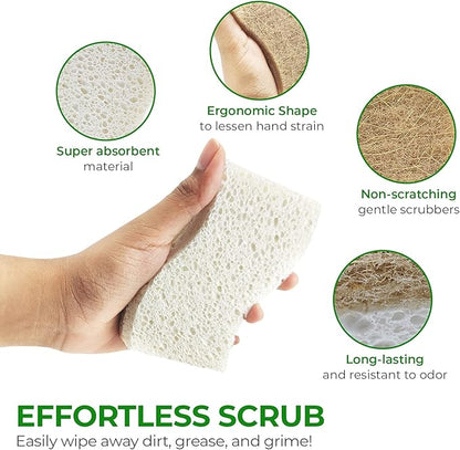 Natural Kitchen Sponges (6 Pack) - Biodegradable Cellulose & Coconut Scrubber Dish Sponges for Kitchen - Eco-Friendly, Non Scratch, Compostable, Non Toxic S-Shaped Natural Sponges for Dishes