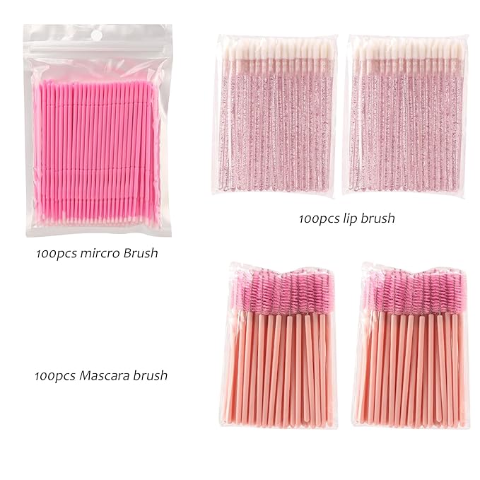 300 PCS Eyelash Extension Supplies Kit, Disposable Micro Applicator Brush, Eyebrow Spoolie, Lip Brush, Mascara Wand Applicator (Light pink)