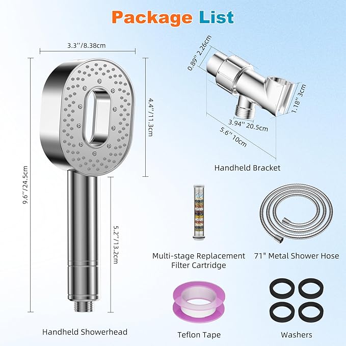 Hibbent Filtered Showerhead with handheld, High Pressure 5 Sprays Handheld Shower Head with Brass Holder& 71" Metal Hose, Water Softener for Hard Water-Remove Chlorine, Reduces Dry Itchy Skin, Chrome