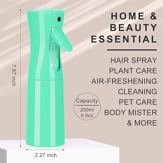 (Green Hair Mister Spray Bottle,Spray Water Bottle Fine Mist Refillable Plants（6.8OZ /200ML） Barber，Showering Pets, Plants, travel, Ironing and Cleaning ﻿ ﻿ ﻿(Continuous Spray)
