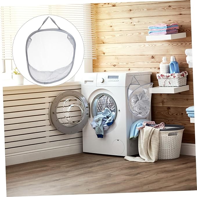 OUNONA Foldable Wall-Mounted Laundry Storage Bag Portable Hanging Clothes Basket Collapsible Mesh Organizer for Bathroom Gray 1-Pack