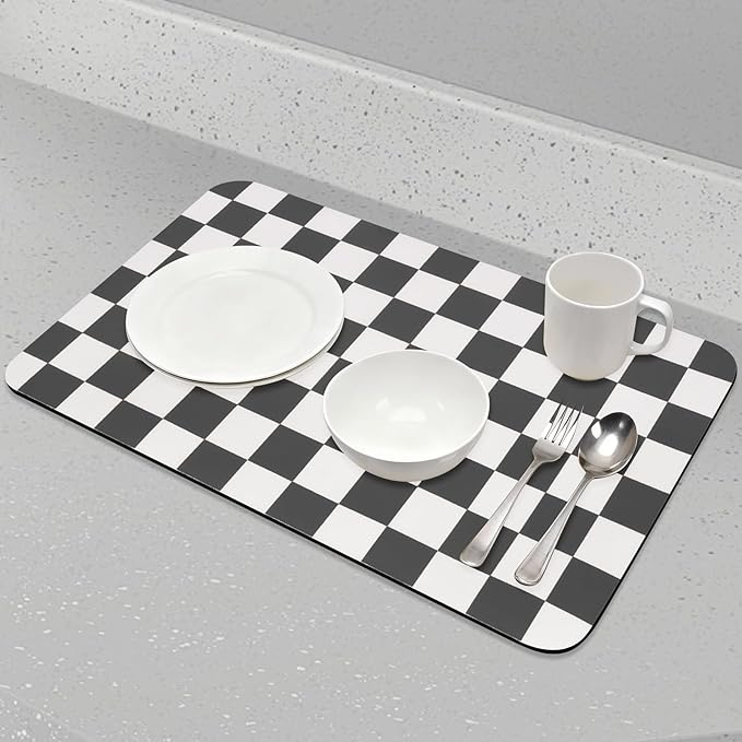 CooRug Checkered Dish Drying Mat for Kitchen Counter, Absorbent Non-Slip Coffee Mat, Heat Resistant Mat for Countertops Coffee Bar Decor 16" x 24" Black