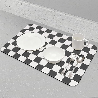 CooRug Checkered Dish Drying Mat for Kitchen Counter, Absorbent Non-Slip Coffee Mat, Heat Resistant Mat for Countertops Coffee Bar Decor 12" x 20" Black