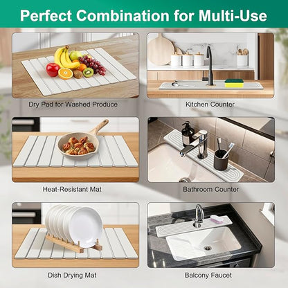 Stone Drying Mat for Kitchen Counter, 24"x16" Water Absorbing Dish Drying Mat with 24"x4" Faucet Mat for Kitchen Sink, Diatomaceous Earth Quick Dry Stone Mats for Dishes Bottles Cups (Off White)