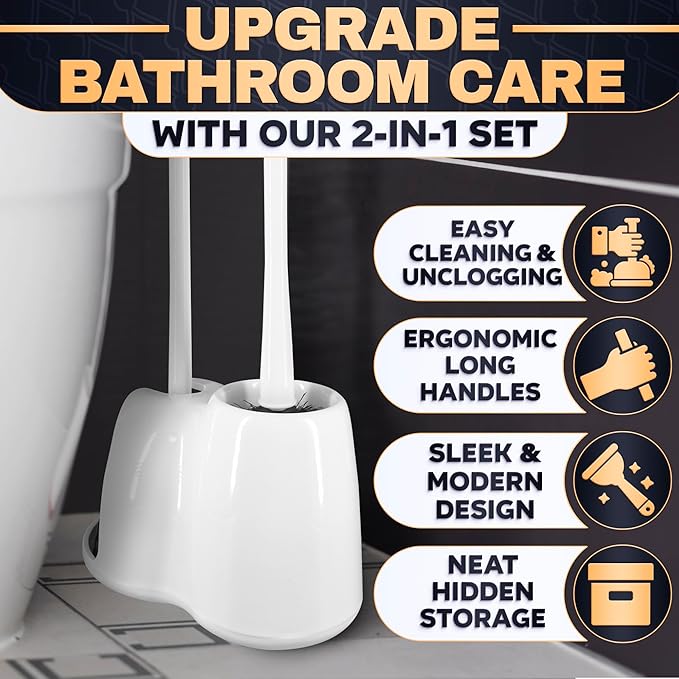 2 in 1 Toilet Plunger and Brush Set White - Toilet Brush and Plunger Set White with Stiff Bristles, Strong Vacuum Suction and Holder - Space-Saving Stand, Fits Most Standard Toilets, 9.3×6.3×15.2 inch