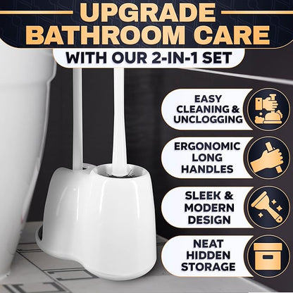 2 in 1 Toilet Plunger and Brush Set White - Toilet Brush and Plunger Set White with Stiff Bristles, Strong Vacuum Suction and Holder - Space-Saving Stand, Fits Most Standard Toilets, 9.3×6.3×15.2 inch