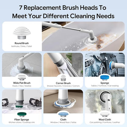 Electric Spin Scrubber, 2026 New Cordless Cleaning Brush, Shower Cleaning Brush with 7 Replaceable Brush Heads, Power Scrubber 3 Adjustable Speeds, Detachable Long Handle & IPX7 Waterproof